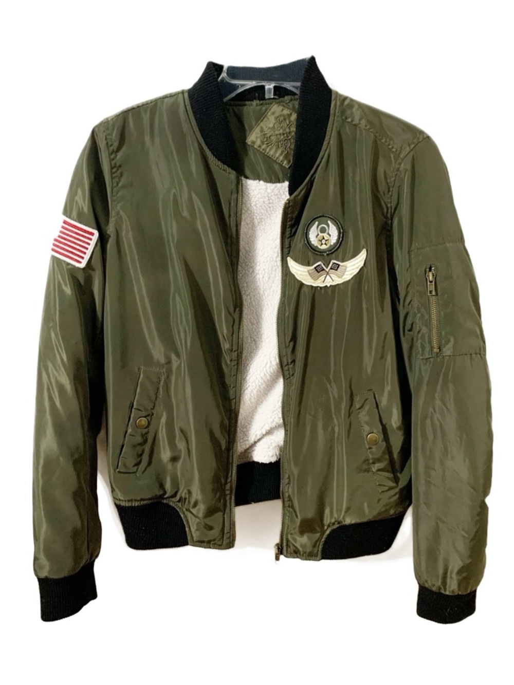 Jou Jou Military Like Aviator Front Zip Bomber Jacket Faux Sherpa Lining Patches